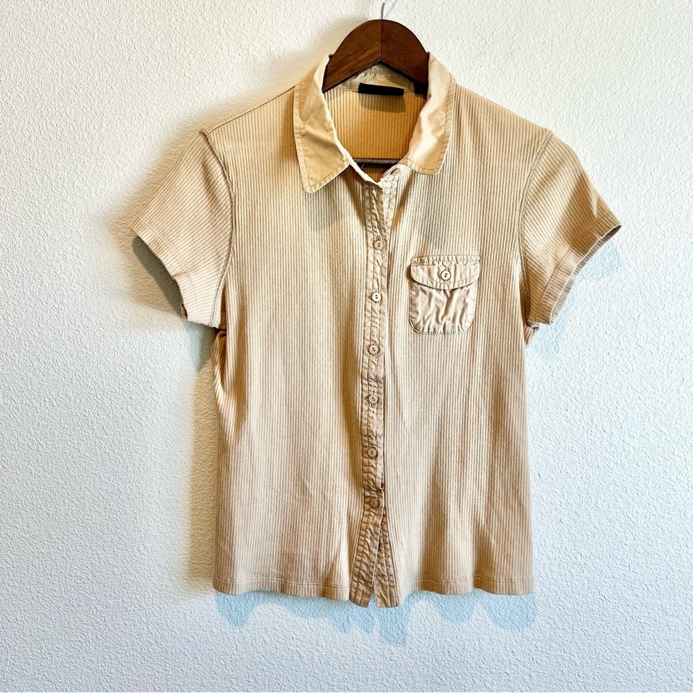 Y2K New York & Co Ribbed Collared Shirt L Beige Stretch Button Top Soft Girl
